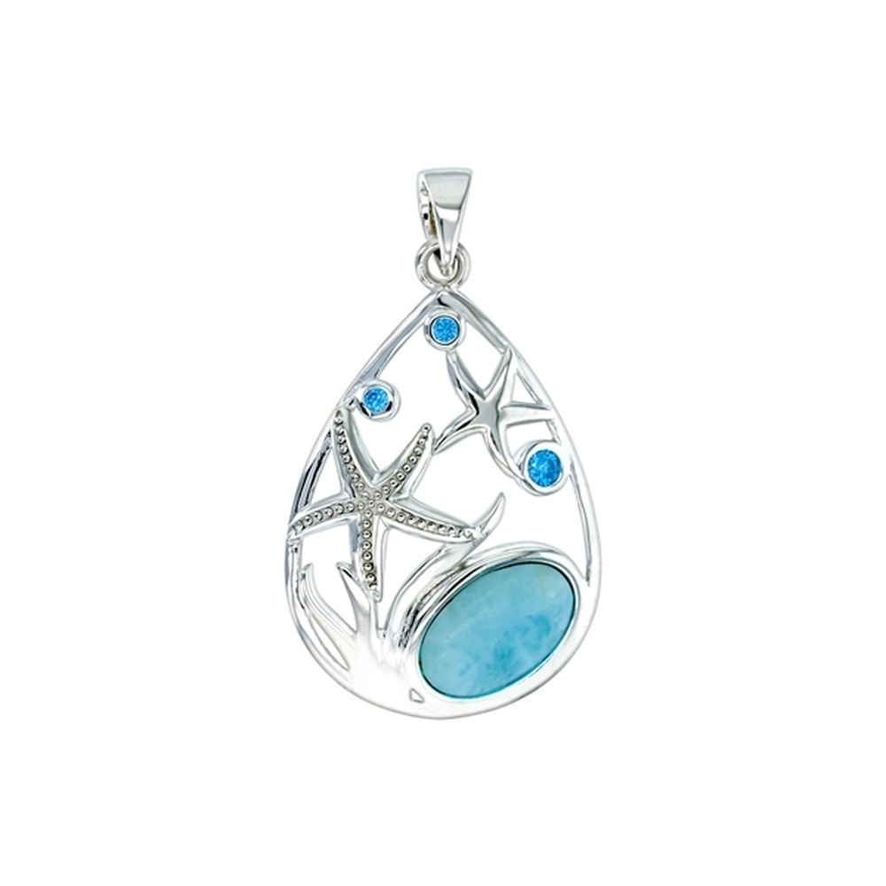 925 Sterling Silver Larimar Oval Shape Starfish, Aqua CZ Cutout Teardrop Pendant